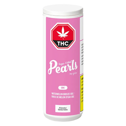 Tall front-facing container labeled "Watermelon Breeze CBC Gummies" with a pink label, white cap, and a red THC stop-sign logo.