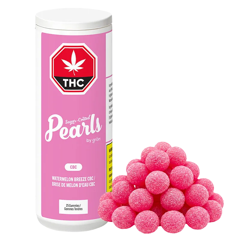 Front-facing container labeled Watermelon Breeze CBC Gummies beside a piled pyramid of sugar-coated pink round gummies.