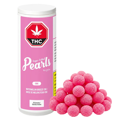 Front-facing container labeled Watermelon Breeze CBC Gummies beside a piled pyramid of sugar-coated pink round gummies.