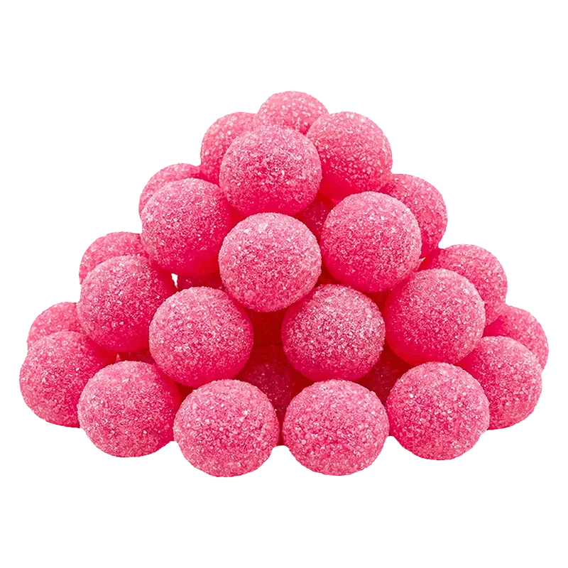 Pile of bright pink, sugar-coated Watermelon Breeze CBC Gummies shown from a slightly low front angle on a white background