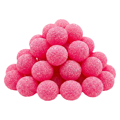 Pile of bright pink, sugar-coated Watermelon Breeze CBC Gummies shown from a slightly low front angle on a white background