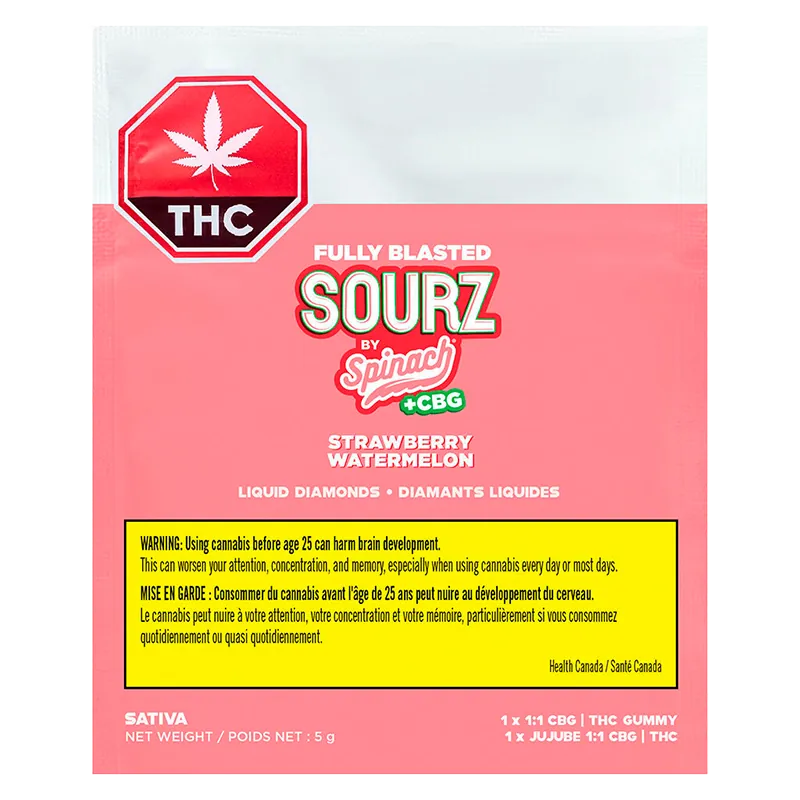 Sourz by Spinach Fully Blasted Strawberry Watermelon 1:1 CBG THC Gummies Edibles