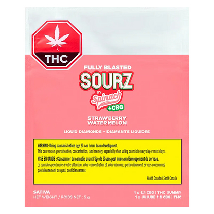 Sourz by Spinach Fully Blasted Strawberry Watermelon 1:1 CBG THC Gummies Edibles