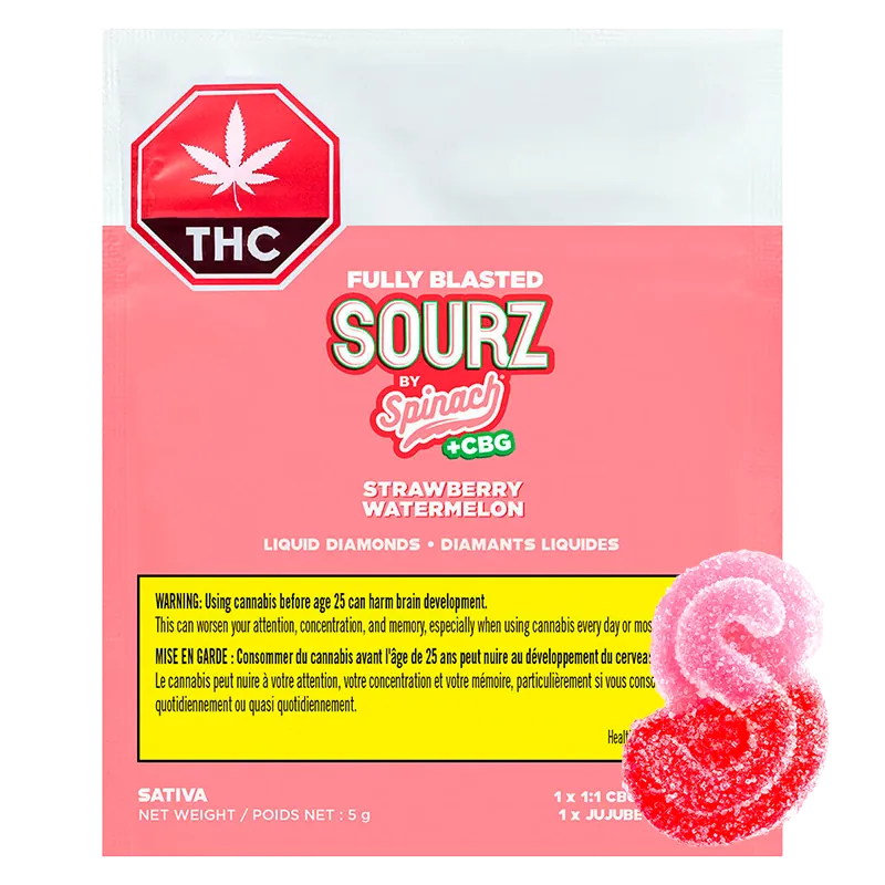 Sourz by Spinach Fully Blasted Strawberry Watermelon 1:1 CBG THC Gummies Edibles