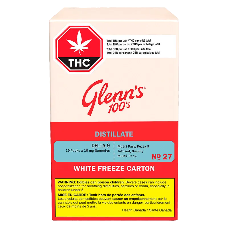 Glenn's 10 Pack No.27 100's Distillate Delta 9 White Freeze Carton Gummies Edibles