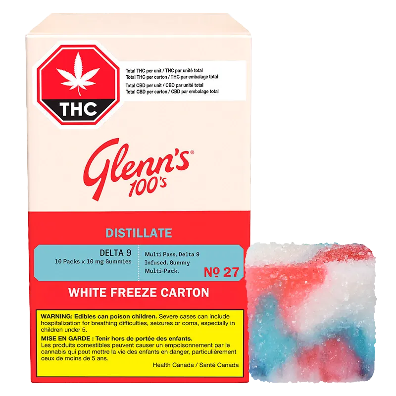 Glenn's 10 Pack No.27 100's Distillate Delta 9 White Freeze Carton Gummies Edibles