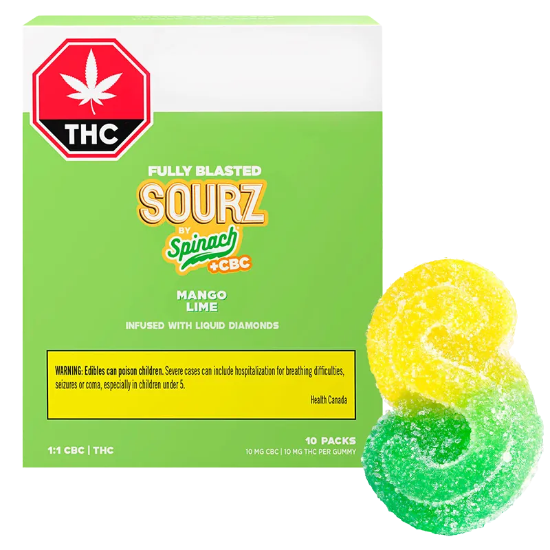 SOURZ by Spinach 10 pack Fully Blasted Mango Lime 1:1 CBC THC Gummies Edibles