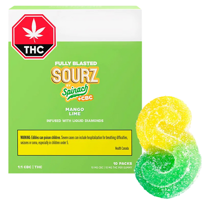 SOURZ by Spinach 10 pack Fully Blasted Mango Lime 1:1 CBC THC Gummies Edibles