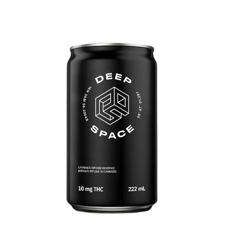 Front view of the Deep Space product, a black cylindrical container with white text and graphic details.