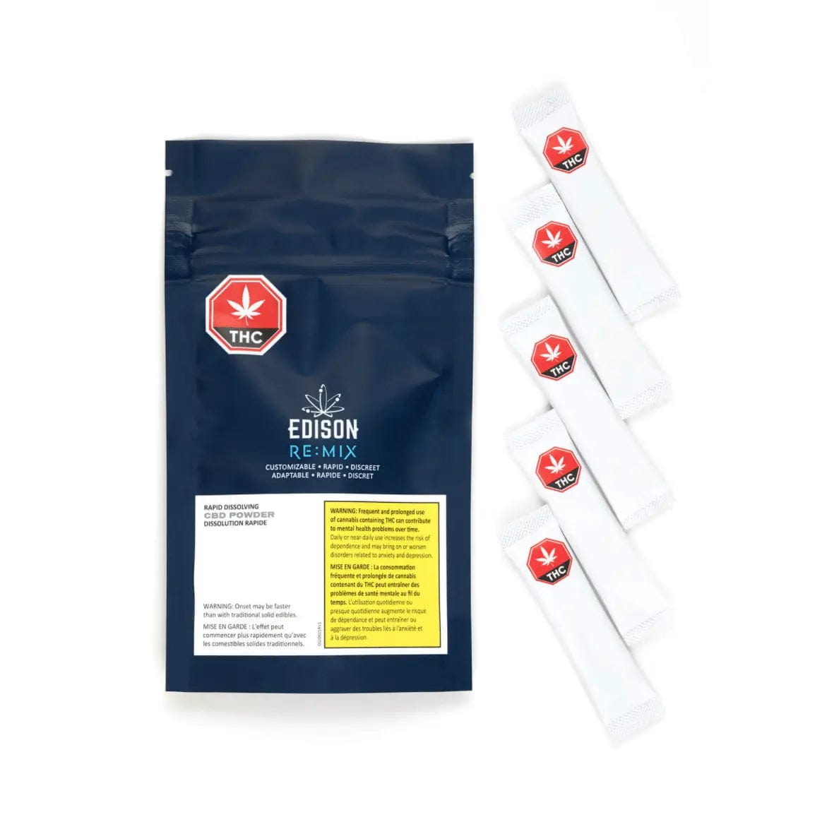 Dissolvable CBD Powder packaging with a dark background and white lettering, displaying the brand name and product details.