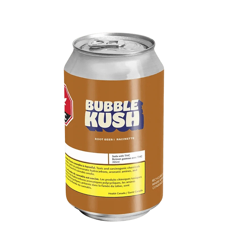 Front view of the Bubble Kush Root Beer can, displaying its logo against a dark background.