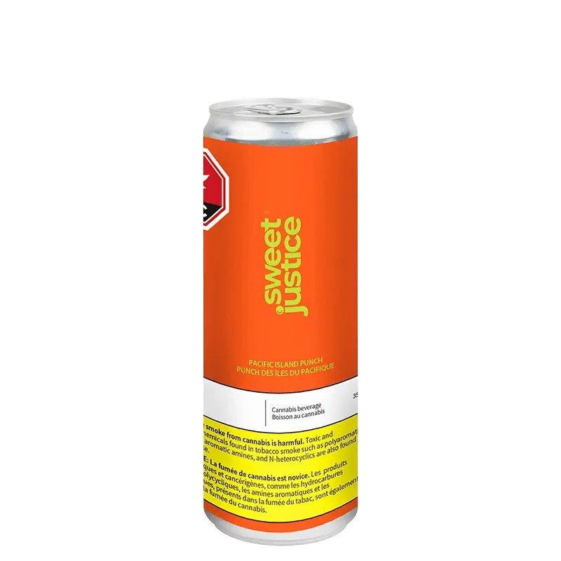 Front view of the Sweet Justice Pacific Island Punch, featuring a white label with bold, colorful typography on a clear container.