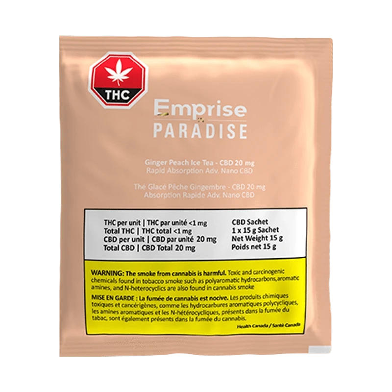 Front view of the Emprise Ginger Peach Ice Tea Mix packet against a light background, displaying a THC warning label.