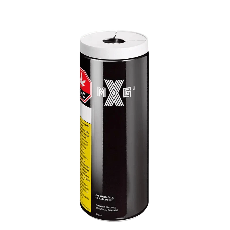 Front view of the Cola beverage can with a sleek white label, set against a dark background.