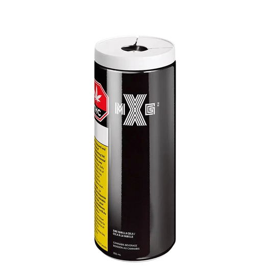 Front view of the Cola beverage can with a sleek white label, set against a dark background.