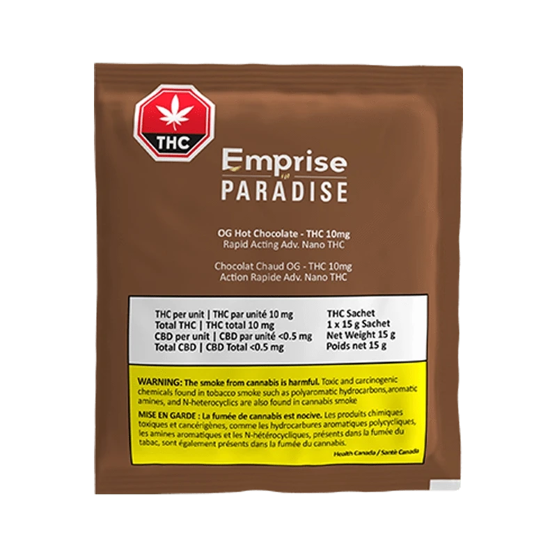 Emprise Organic Vegan Premium Hot Chocolate Mix packaging in a close-up, angled shot with THC content highlighted.