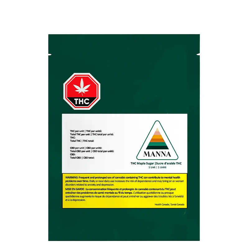 Front view of the Maple Sugar 4:2:1 packaging displaying a red THC warning triangle on a white background.
