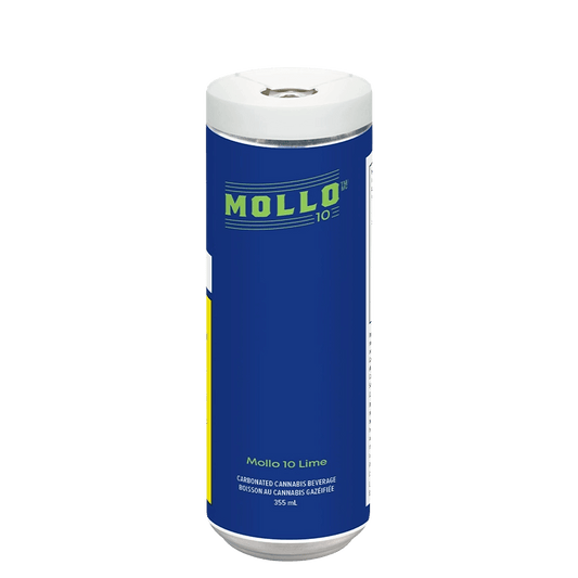 Front view of the Mollo 10 Lime beverage can, showcasing a simple design with green accents against a white background.