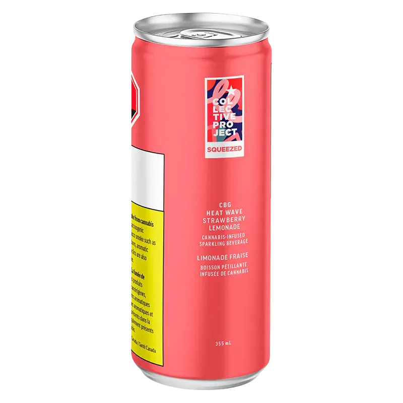 Tall three-quarter view of a pink 355 ml CBG Heat Wave can showing the front label, small logo block, and nutrition warning panel.