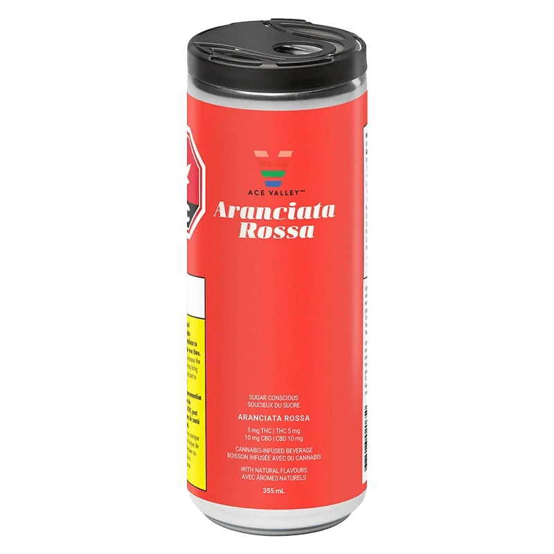 Front view of the Aranciata Rossa bottle, featuring a red liquid and white label, angled slightly to the left.