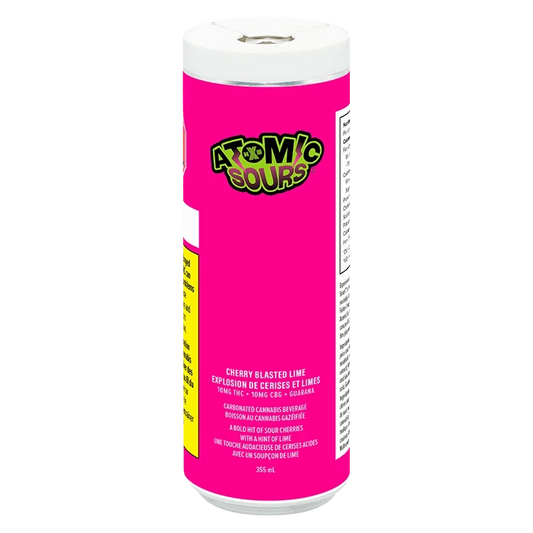 Front view of the Cherry Blasted Lime bottle, with vibrant pink text against a clear label, showcasing product details.