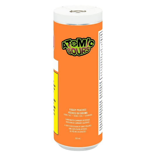 Front view of the FOGgy Peaches container with colorful text and labels against a white background.