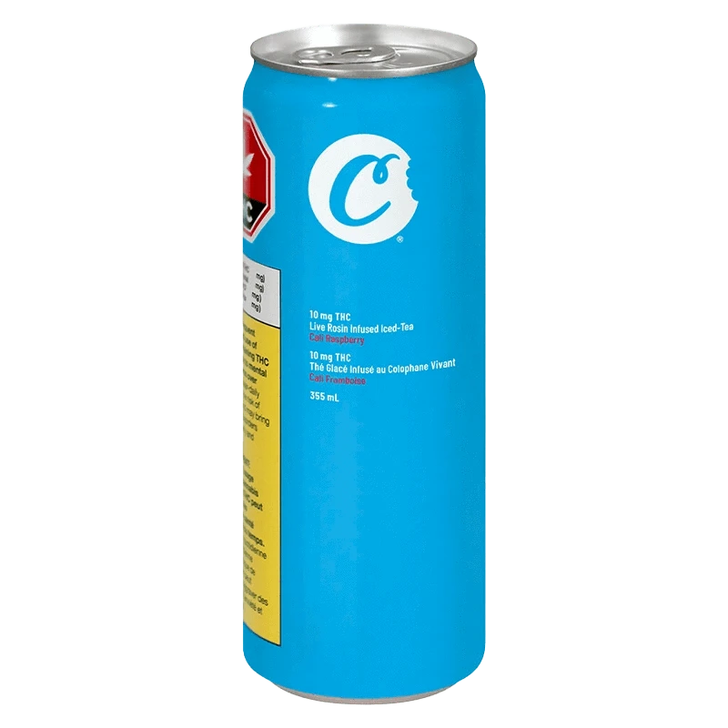 Front view of the Live Rosin Infused Iced Tea Cali Raspberry can, showcasing branding and text details against a light background.