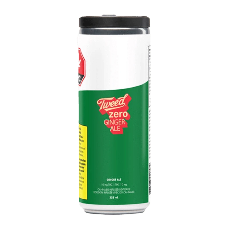 A front view of the Tweed Zero Ginger Ale can, displaying a red and white label against a silver metallic backdrop.