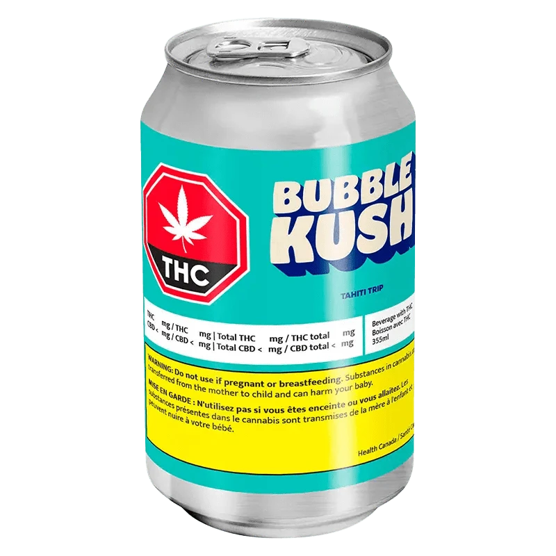 Front view of the Bubble Kush Tahiti Trip packaging with a colorful design and warning labels in English and French.