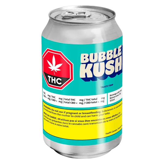 Front view of the Bubble Kush Tahiti Trip packaging with a colorful design and warning labels in English and French.