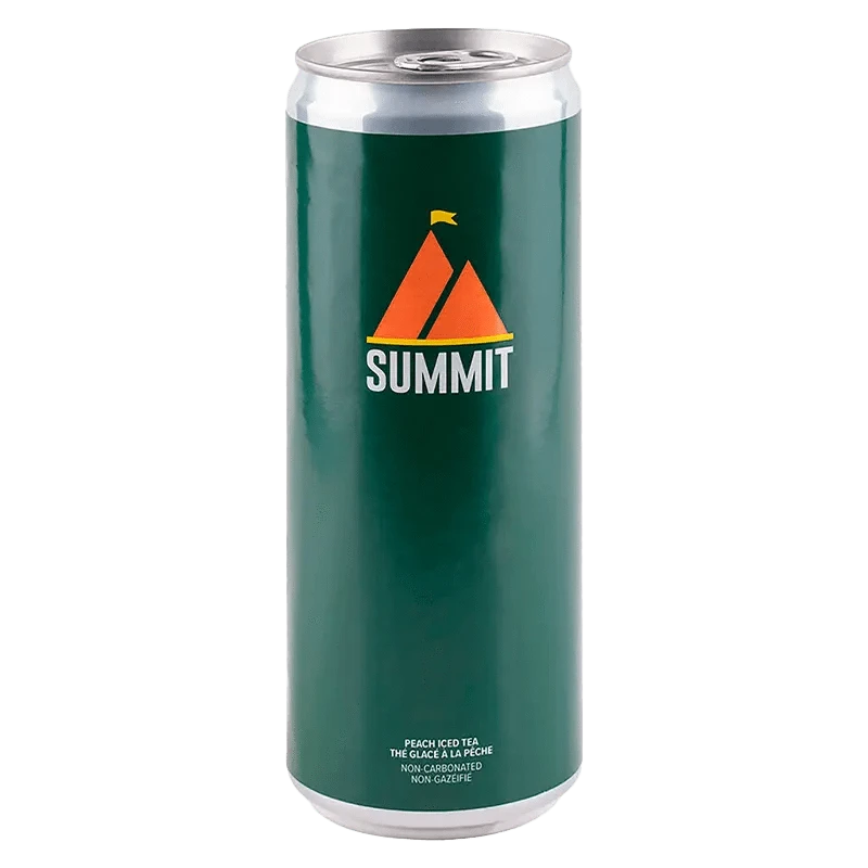 Front view of the Peach Iced Tea can with a minimalist design and the brand name prominently displayed in white lettering.