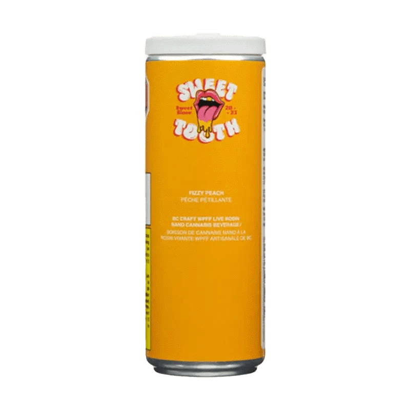 Front view of the Fizzy Peach Live Rosin Drink, a tall, vibrant beverage container with a simple logo and text design.