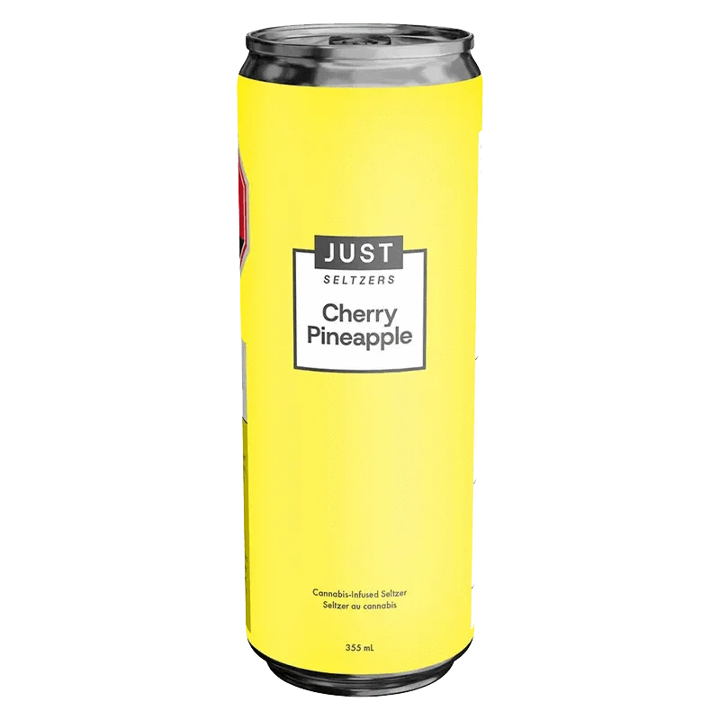 Front view of the Cherry Pineapple THC Seltzer can with bright yellow coloring and simple branding text.