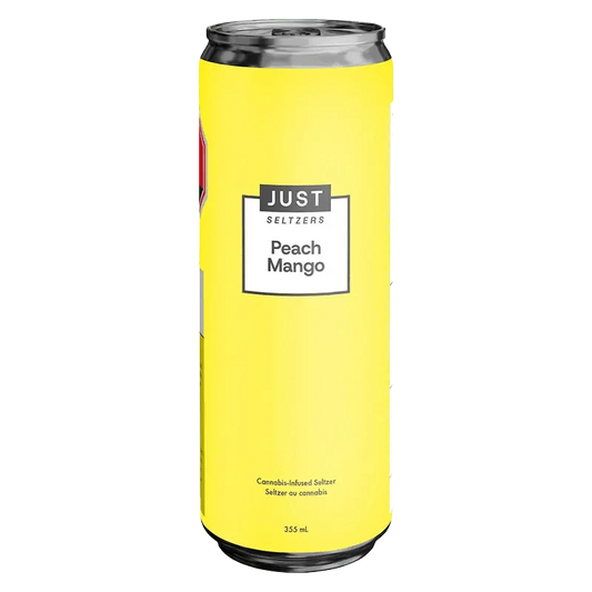 Front view of the Peach Mango THC Seltzer can featuring a peach and mango design against a yellow backdrop.