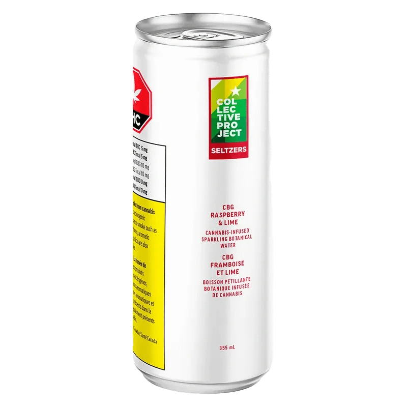 Front view of the CBG Raspberry & Lime Sparkling Botanical Water can with bold text against a white background.