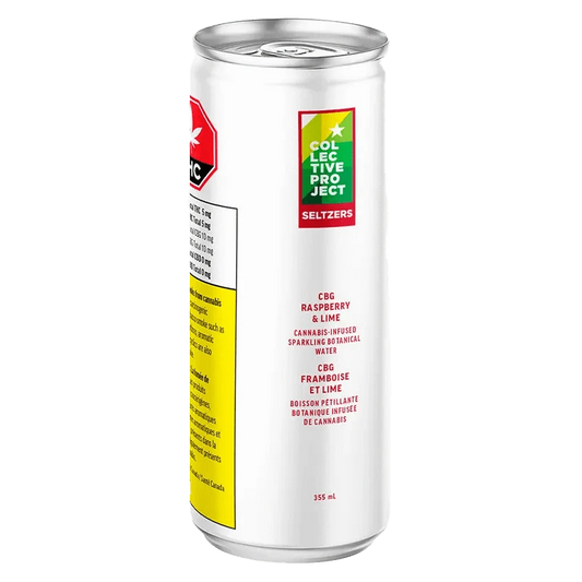 Front view of the CBG Raspberry & Lime Sparkling Botanical Water can with bold text against a white background.