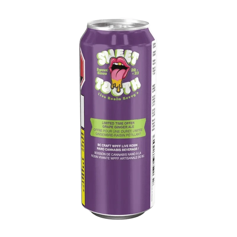 Front view of the Live Rosin Grape Gingerale can, with vibrant purple and gold labeling, angled slightly to reveal its side.