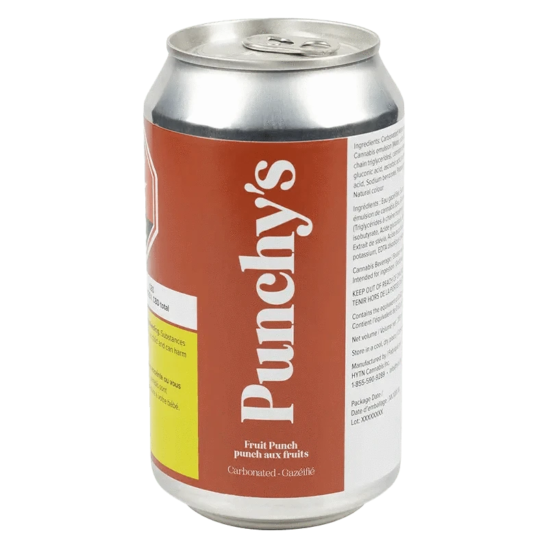 A close-up, angled view of the Fruit Punch Sparkling Beverage can, displaying its ingredients list and colorful branding.