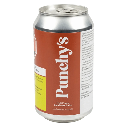 A close-up, angled view of the Fruit Punch Sparkling Beverage can, displaying its ingredients list and colorful branding.