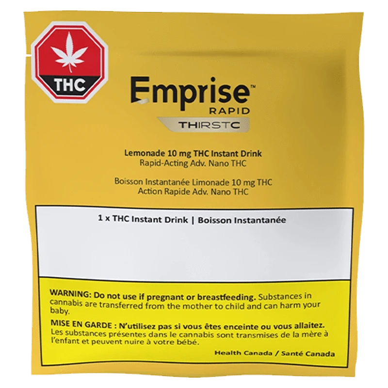 Front-facing shot of the yellow packet labeled THirstC Lemonade 10 mg THC Instant Drink showing bold Emprise Rapid branding and a red THC warning symbol.