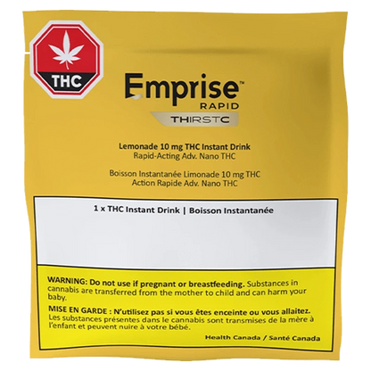 Front-facing shot of the yellow packet labeled THirstC Lemonade 10 mg THC Instant Drink showing bold Emprise Rapid branding and a red THC warning symbol.