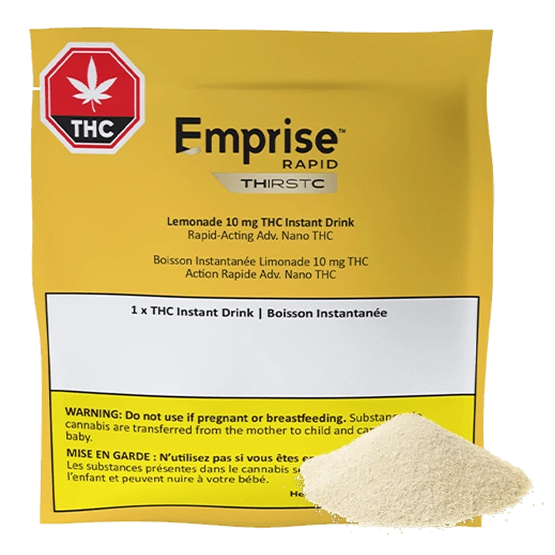 Front-facing shot of a yellow packet labeled THirstC Lemonade 10 mg THC Instant Drink Powder sitting upright with a small pile of pale powder at its base.