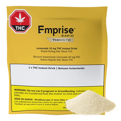 Front-facing shot of a yellow packet labeled THirstC Lemonade 10 mg THC Instant Drink Powder sitting upright with a small pile of pale powder at its base.
