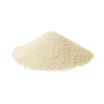 Pile of fine pale yellow powder on white background showing texture and shadow, labeled THirstC Lemonade 10 mg THC Instant Drink Powder.