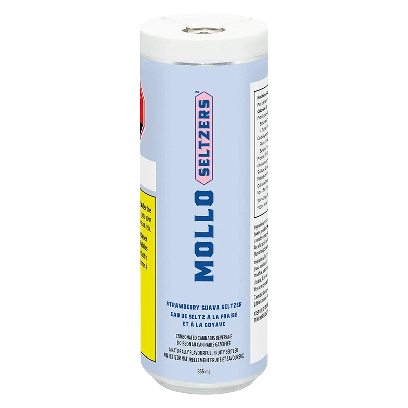 Vertical front view of a pale blue 355 ml Mollo Seltzers Strawberry Guava Seltzer can showing the centered logo and nutrition panel at right