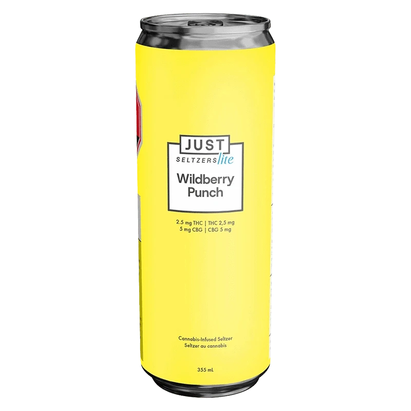 Front view of a tall yellow can labeled Just Seltzers lite Wildberry Punch showing its centered logo and dosage text, photographed against a white background.