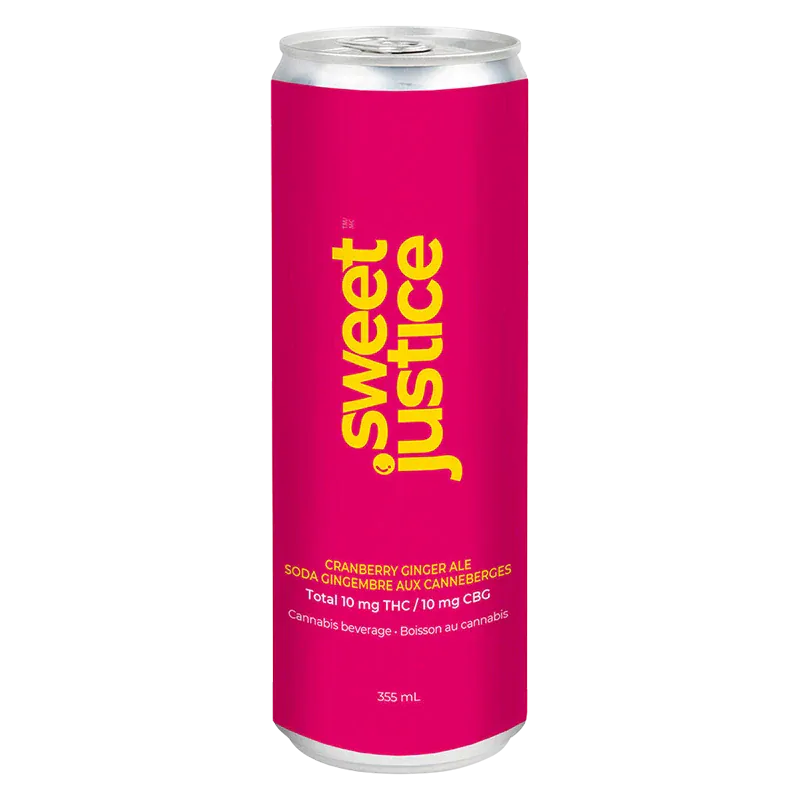 Vertical front view of a bright pink can labeled Sweet Justice Cranberry Ginger Ale 10 THC + 10 CBG with bold yellow logo and small white text.
