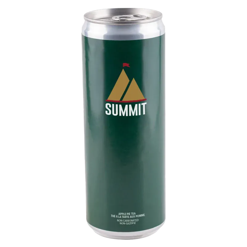 Tall front view of a 355 ml Summit Apple Pie Tea can with a dark green label, gold mountain logo and centered white text.