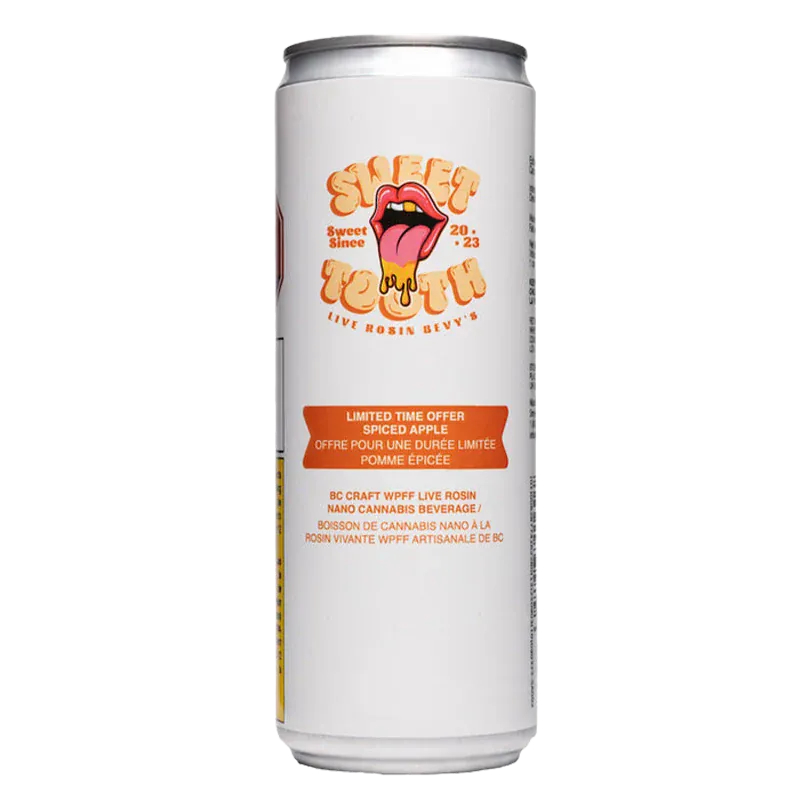 Straight-on view of a tall can labeled Spiced Apple Live Rosin Drink with retro lips logo and orange text on a white background