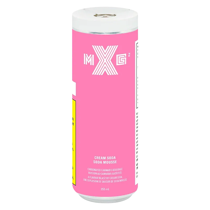Front view of the pink Cream Soda 4 Pack can showing the MXG logo near the top and small white text on a clean white background